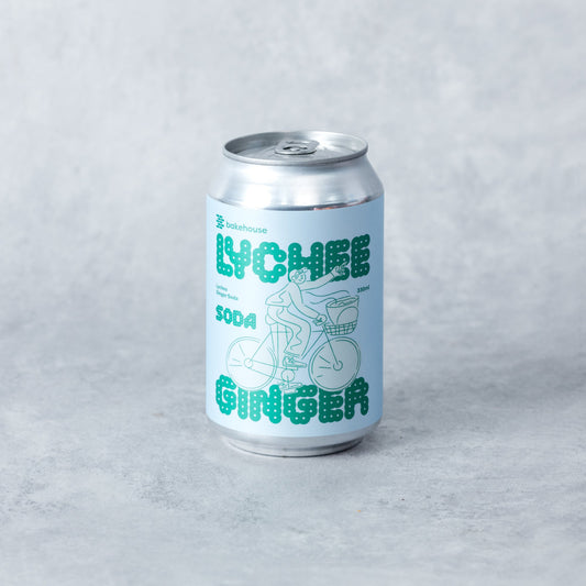 A can of Bakehouse Sparkling Lychee Ginger Soda for catering delivery.