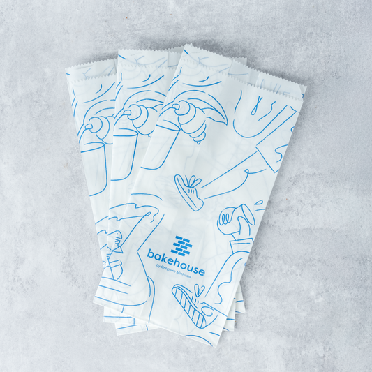 three bakehouse paper pastry bags for takeaways.